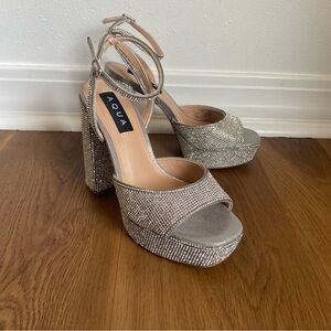 Aqua Lesly Ankle Strap High Heel Sandals Rhinestone‎ Silver 6